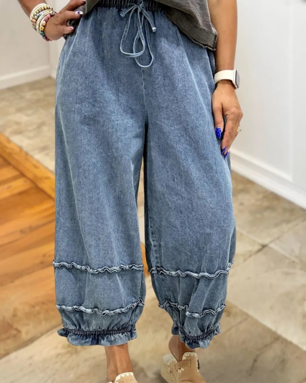 Casual Washed Denim Lantern Pants
