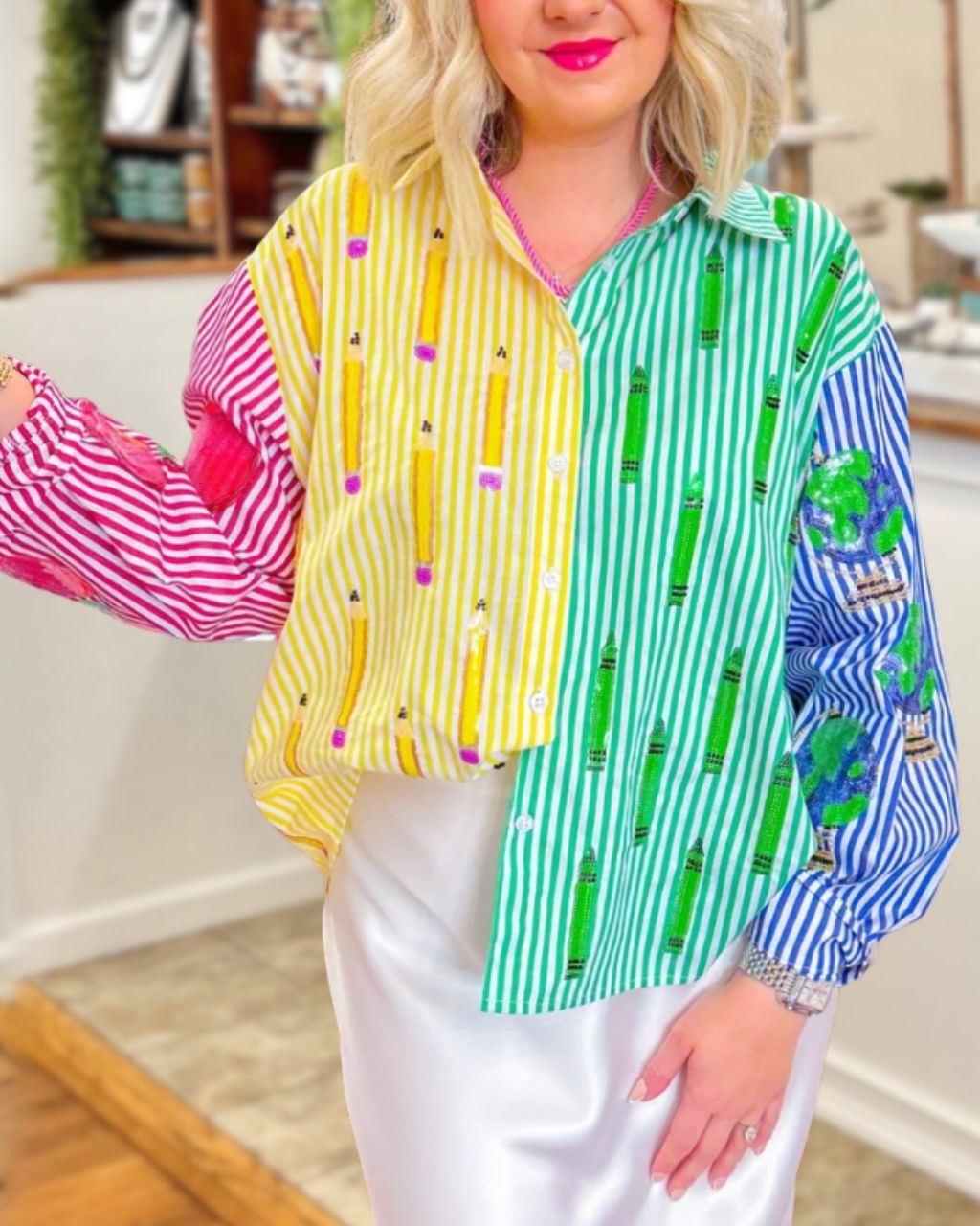 Color-blocked Striped Pencil Sequin Shirt