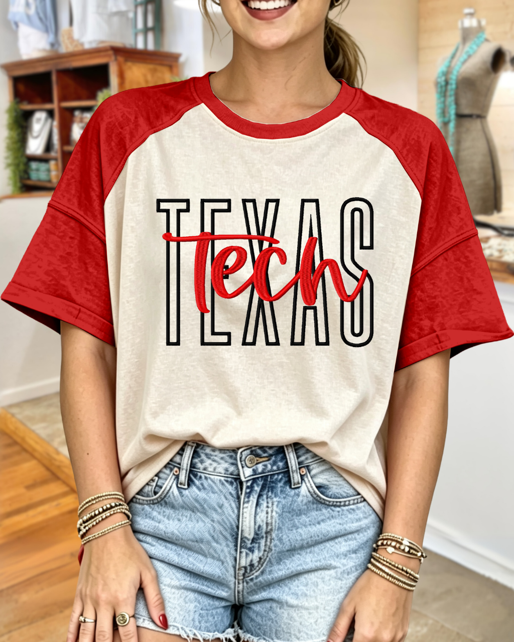 Texas Tech Embroidered Raglan-Sleeve T-Shirt