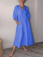 🔥Clearance Sale🔥 Women's Casual Fashion V-Neck Solid Color Mid-Length Sleeve Dress