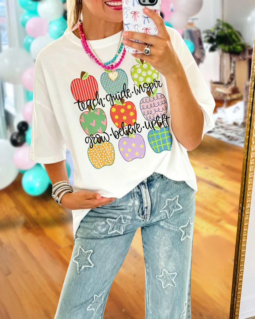 Mixed Print Apple Crewneck T-Shirt