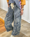 Floral Denim Wide-Leg Pants