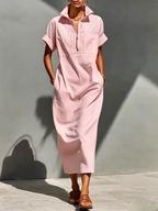 Women's Solid-color Lapel Short-sleeve Casual Loose Cotton-linen Dress