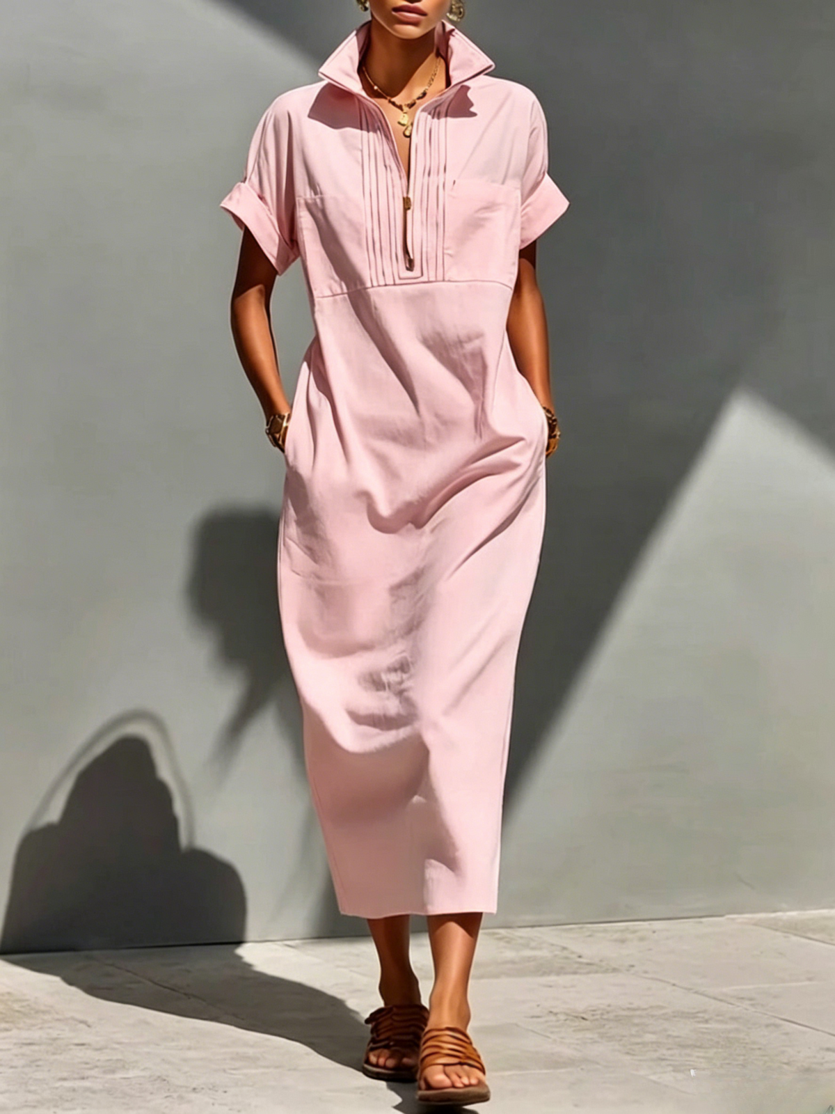Women's Solid-color Lapel Short-sleeve Casual Loose Cotton-linen Dress