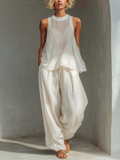 Semi-sheer Chiffon Sleeveless Top & Cotton And Linen Blend Drawstring Wide-Leg Trousers