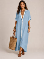 Linen-Blend Short-Sleeve Shirt Maxi Dress