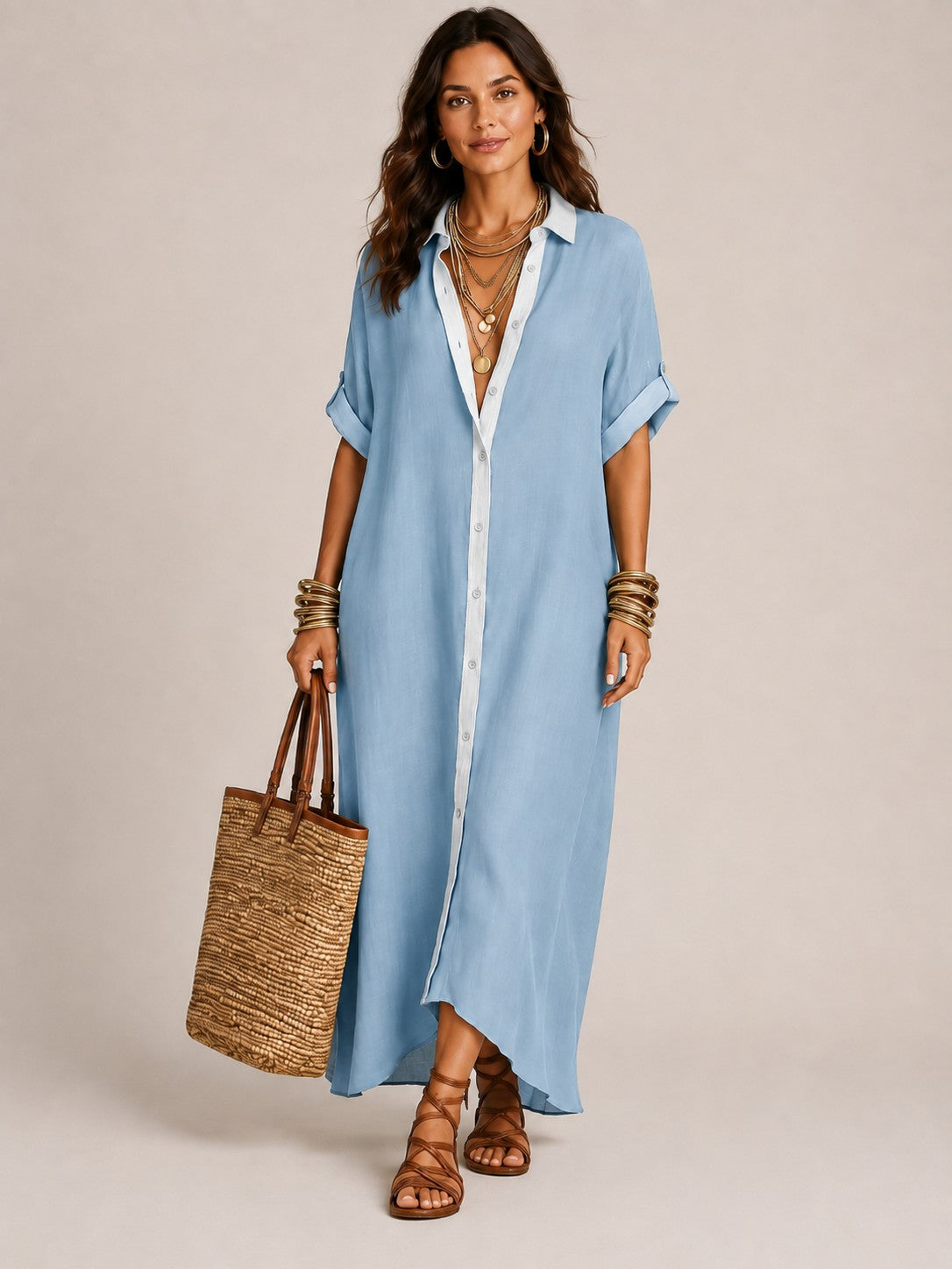 Linen-Blend Short-Sleeve Shirt Maxi Dress