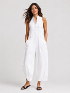 Black Linen-Blend Stand Collar Sleeveless Jumpsuit