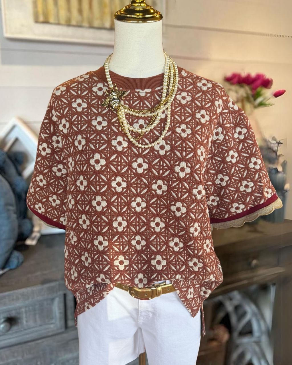 Geometric Floral Jacquard Embroidered Top
