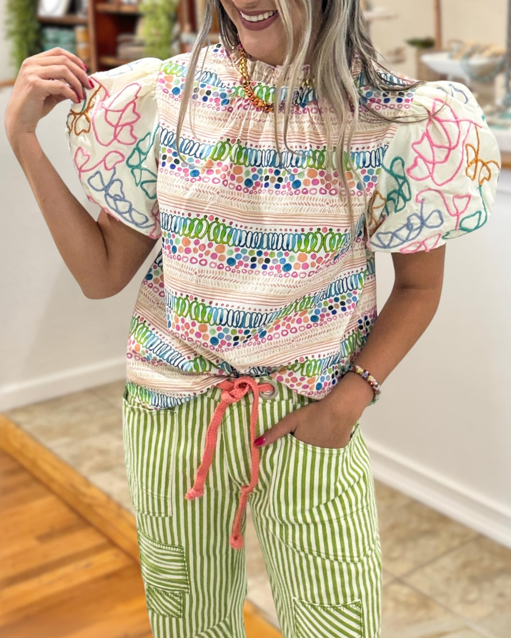 Colorful Graffiti-Print Satin Top