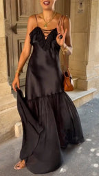 Black Satin Lace-Up Maxi Slip Dress