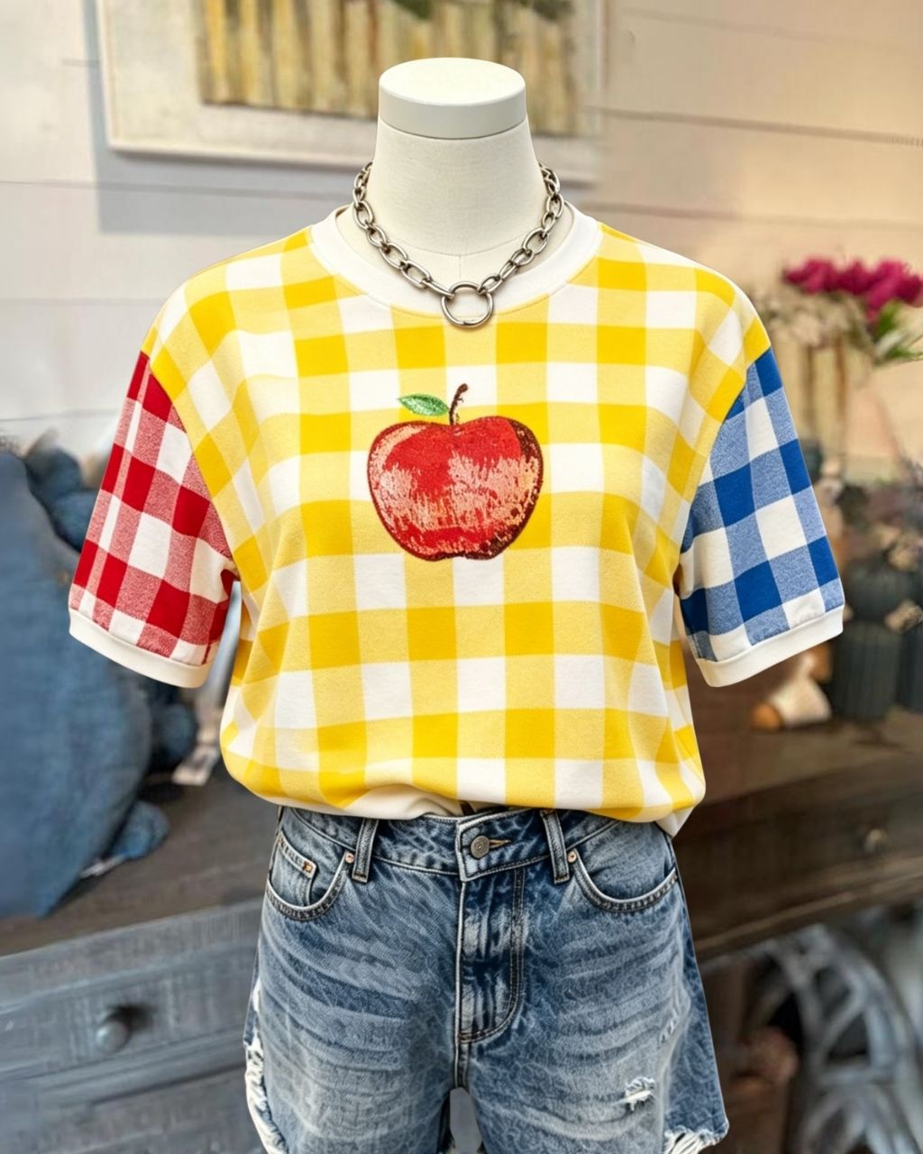 Apple Embroidered Plaid T-shirt
