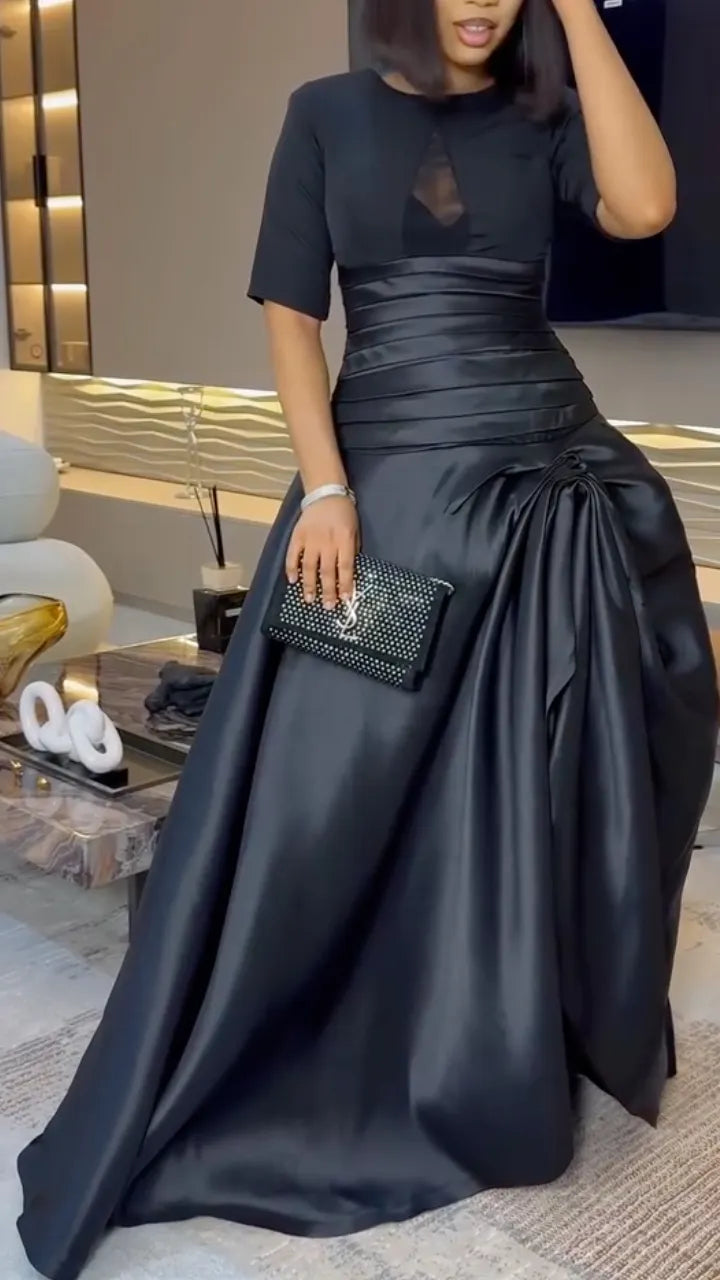 Black Satin Mix-Fabric High Slit Maxi Gown