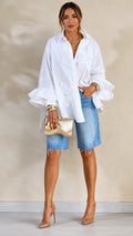 Oversized  Embroidery Ruffle Shirt & Raw-Hem Denim Knee Shorts