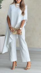 Asymmetric Cape Top & Striped Pants Set