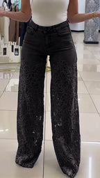 Pantalones vaqueros calados con encaje para mujer