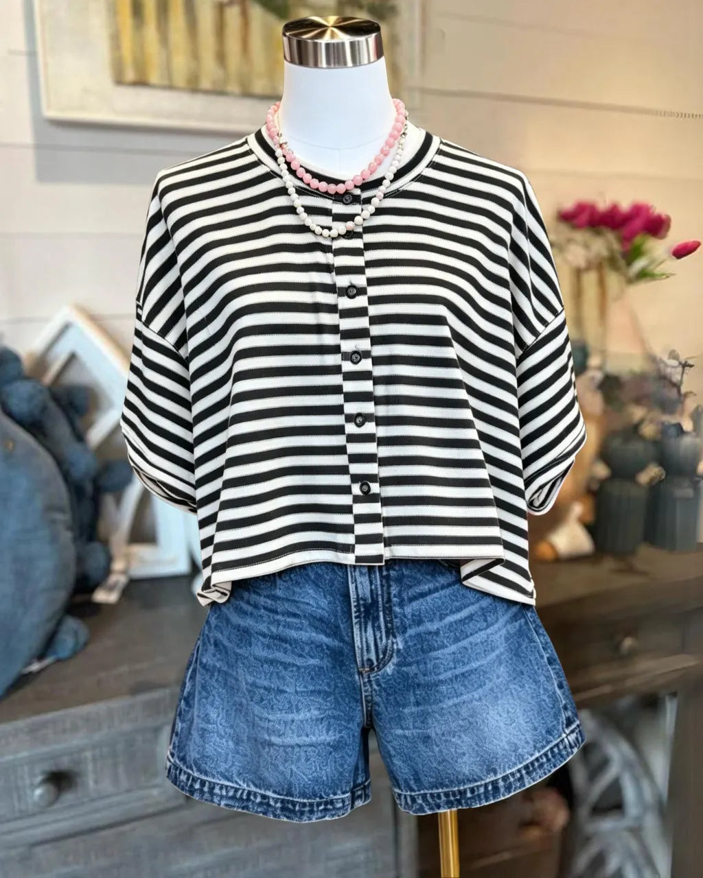 Striped Collins Button Tee