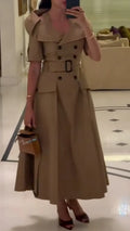 Khaki Trench-Style Midi Dress