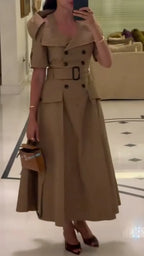 Khaki Trench-Style Midi Dress