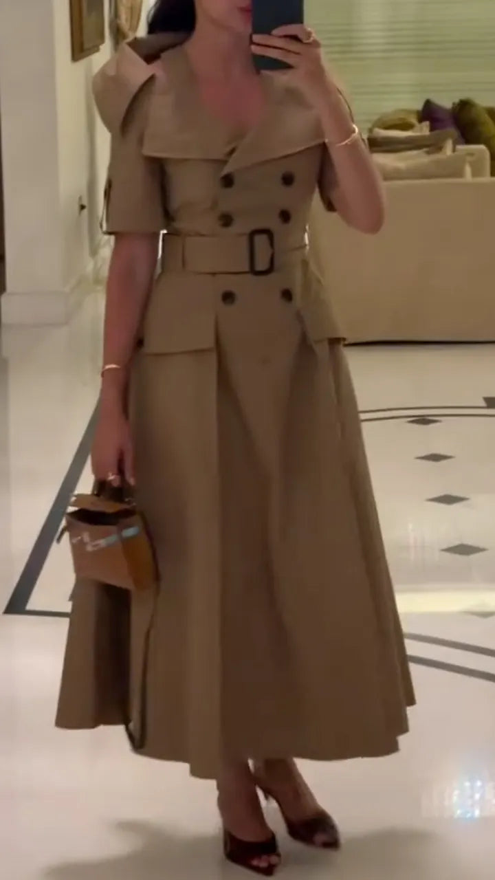 Khaki Trench-Style Midi Dress