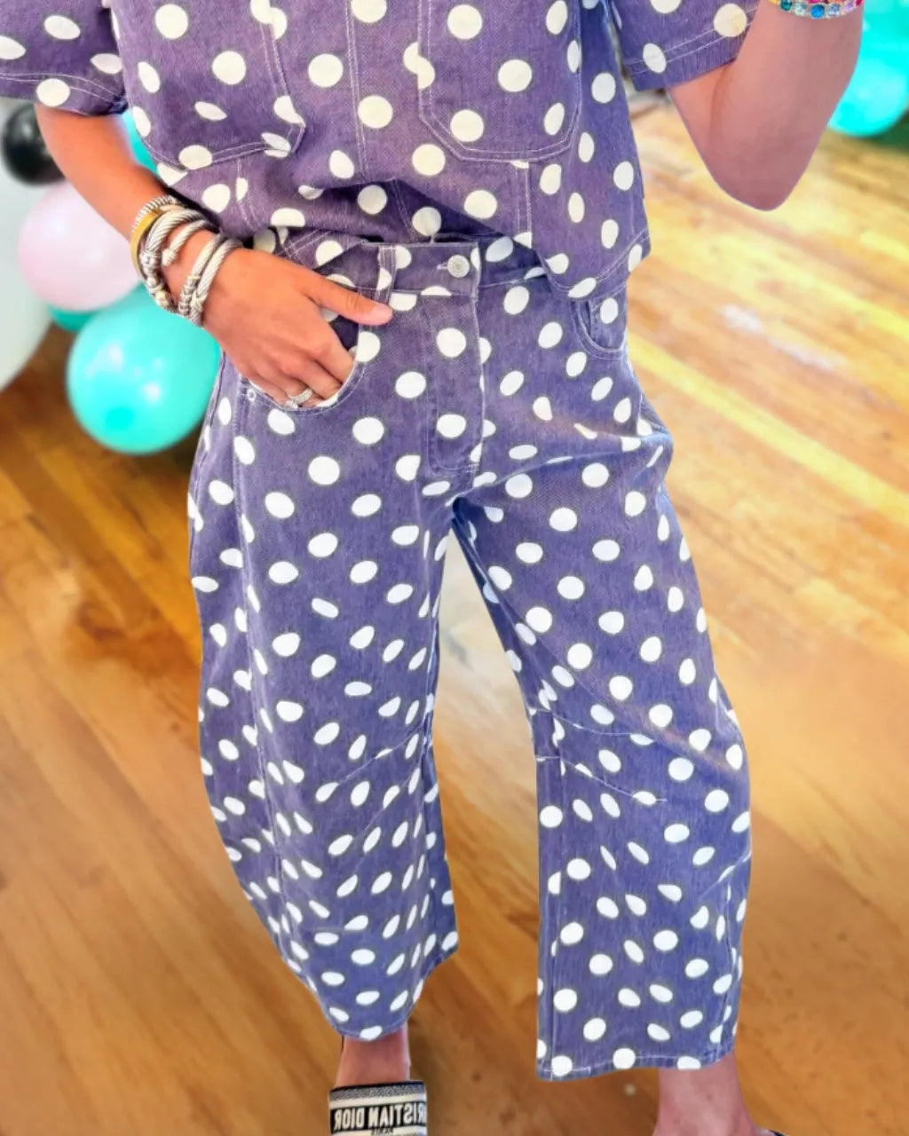 Polka Dot Washed Denim Pants