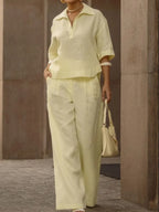 🎁New Arrivals🔥Solid Color Cotton And Linen Half Sleeves Lapel Blouses High Waisted Pants Two Pieces Set