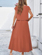 2025 Summer Skirt Sets Women 2 Piece Outfits Cap Sleeve Top Elastic Waist Maxi Dress Sets with Pockets