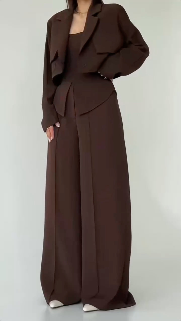 Taupe Cropped Blazer Two-Piece Pants Set