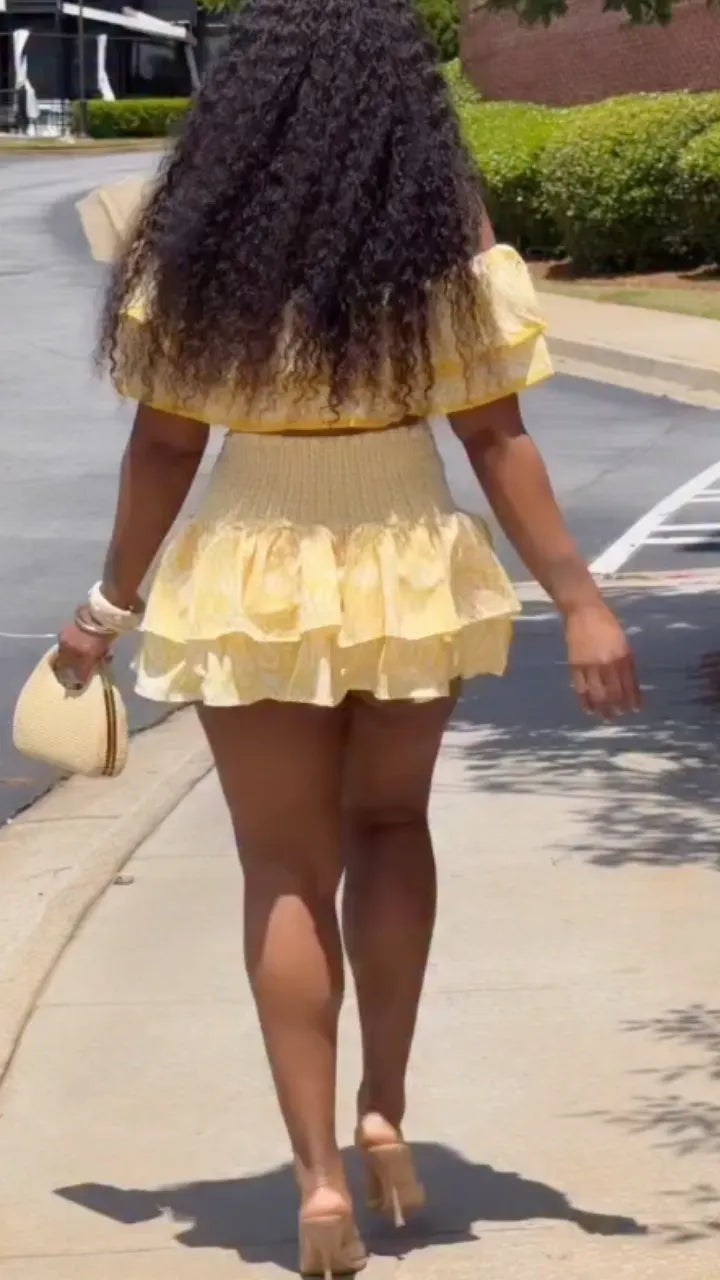 Floral Ruffle Off-Shoulder Two-Piece Skort Set