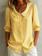 New Arrivals🔥 Women's Retro Peter Pan Collar Striped Cotton Linen Shirt