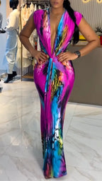Colorful Tie-Dye Deep V Twist Maxi Dress