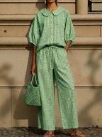 Today 49% off🔥Cotton Linen Gingham Two Piece Set Peter Pan Collar
