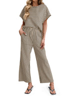 ⏰ LAST DAY SAVE 50% 💥Womens Striped Short Sleeve T Shirts Wide Leg Pants Matching Lounge Set
