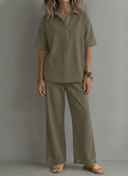 CLEARANCE SALE🔥 Women’s Casual Denim-Style Button Shirt and Wide-leg Pants Set