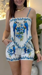 Parrot Floral Print Cami Top & Shorts Two-Piece Set