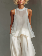 Semi-sheer Chiffon Sleeveless Top & Cotton And Linen Blend Drawstring Wide-Leg Trousers