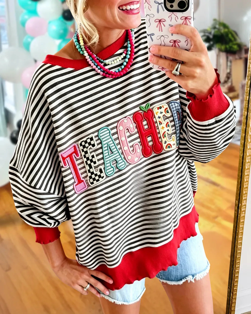 TEACHER Embroidered Striped Sweatshirt