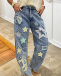 Star-embroidered Ripped Denim Pants