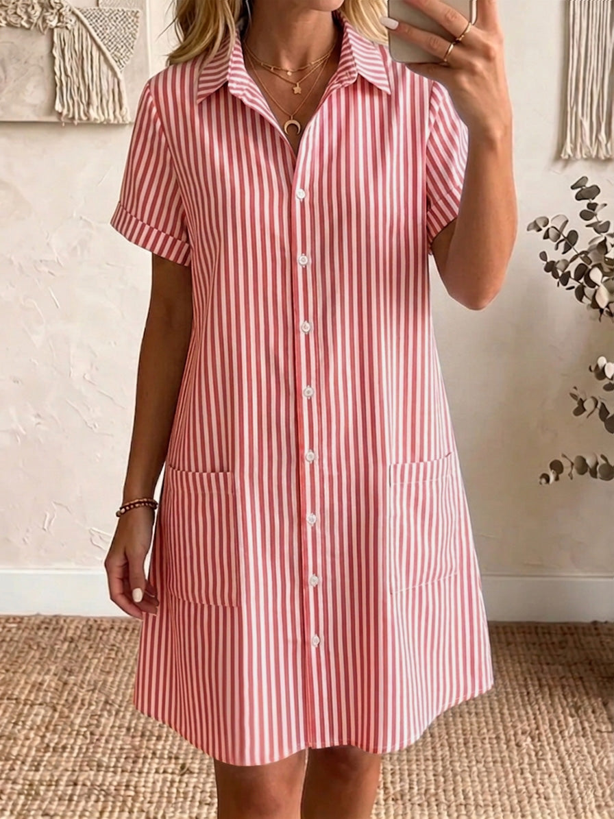 Clearance Sale🔥 Women's Cozy Lapel Classic Striped Cotton Linen Shirt Dress