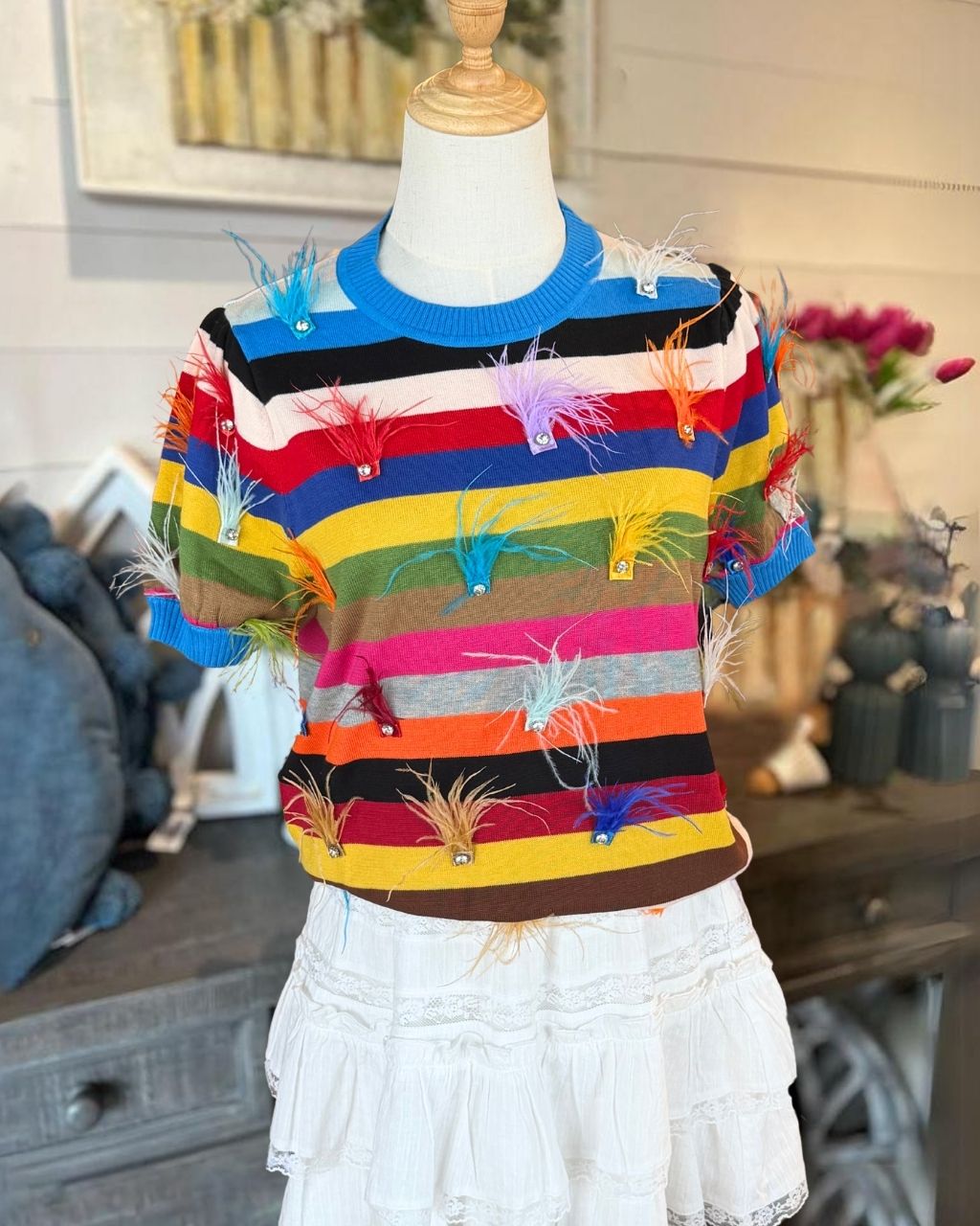 Colorful Striped Feather Top