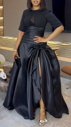Black Satin Mix-Fabric High Slit Maxi Gown