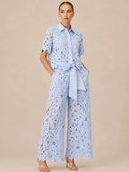 Lace Shirt & Wide Leg Pants Two Piece Set