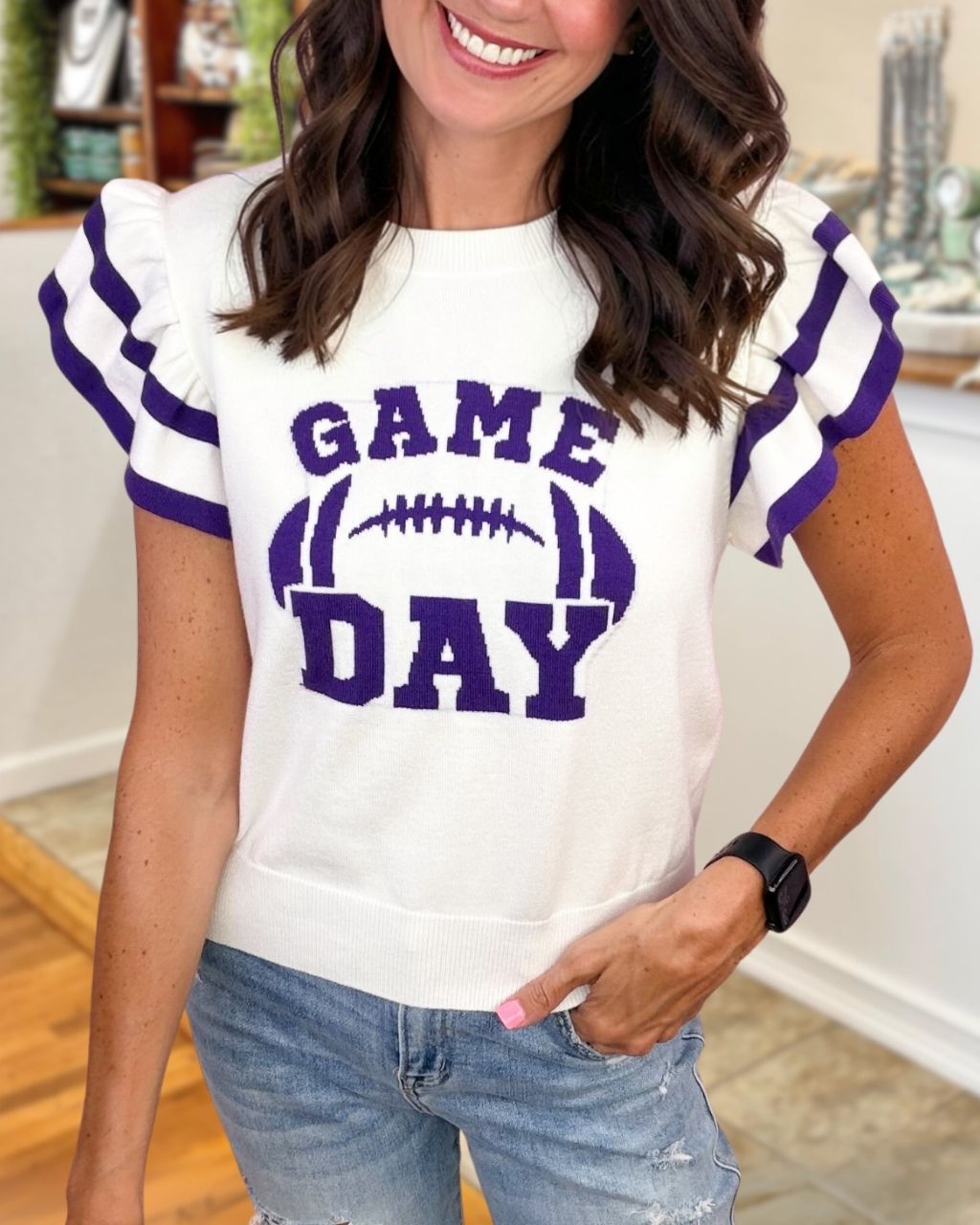 Football Game Day Embroidered Ruffle Top