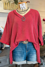 Oversized Ribbed V-neck Top