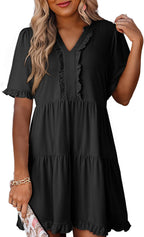 Womens Dresses 2025 Summer Spring V Neck Short Sleeve Casual A Line Flowy Swing Shift Dress Mini Dress