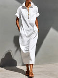 Women's Solid-color Lapel Short-sleeve Casual Loose Cotton-linen Dress