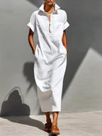 Women's Solid-color Lapel Short-sleeve Casual Loose Cotton-linen Dress