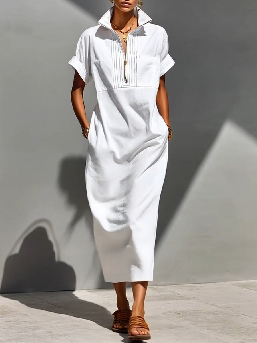 Women's Solid-color Lapel Short-sleeve Casual Loose Cotton-linen Dress