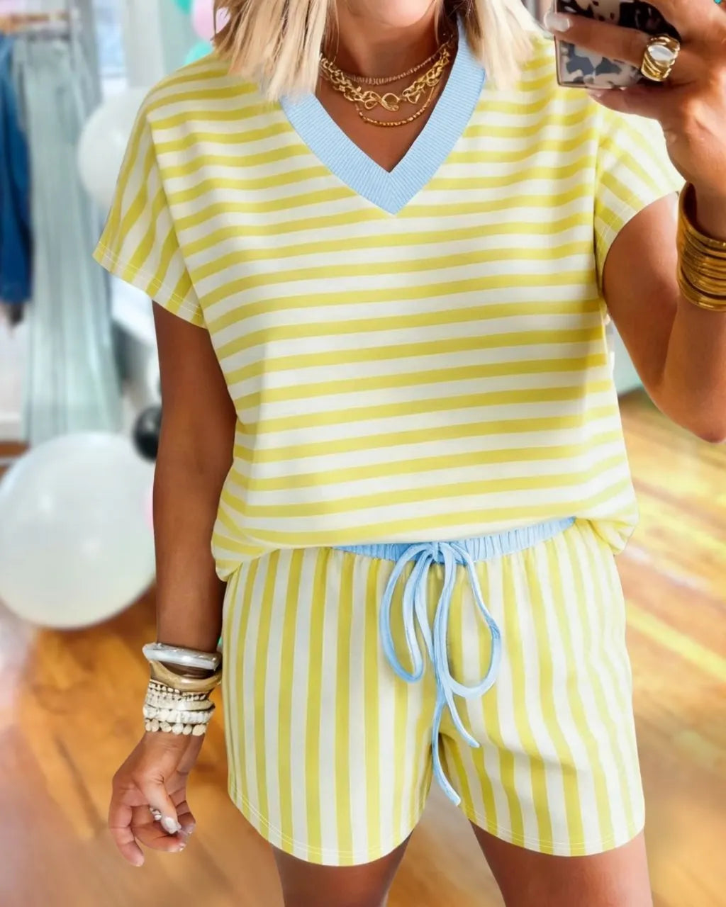Striped Color-blocked Trim Shorts Set