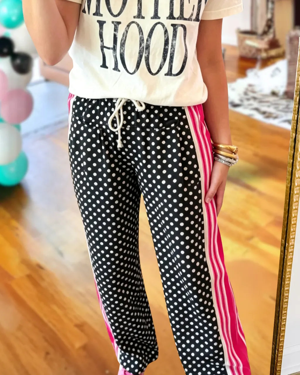 Contrast Striped Trim Polka Dot Pants